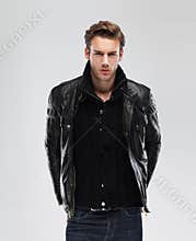 Fashion man, model leather jacket, gray background
