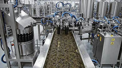 Industrial Food Processing Conveyor Belt Filled with Ingredients in Automated Production Facility