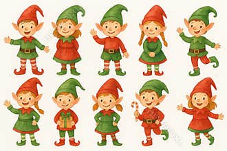 Watercolor christmas elves in red and green outfits for festive holiday decor illustration. concept of christmas celebration