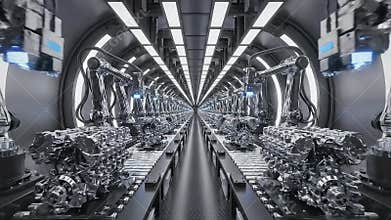 Futuristic Automated Industrial Robots Operating on Symmetrical Production Conveyor Inside Modern Factory