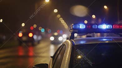flashing police lights on a patrol car at night in an urban environment