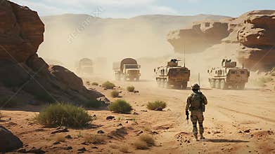 Desert Convoy - Soldiers Journey Through Arid Landscapes and Military Vehicles