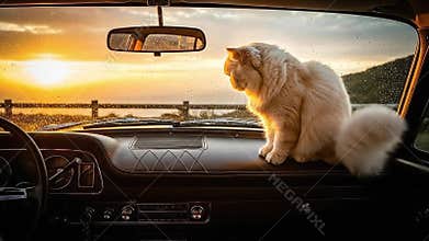 Fluffy Persian Cat Sits Patiently on Car Dashboard Watching Scenic Sunset Over Water with Raindrops on Windshield