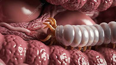 Detailed 3D Render of a Parasitic Worm Infestation Within Human Intestines Illustrating Disease and Medical Health Threat