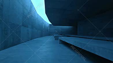 Abstract Blue Concrete Architectural Structure with Dramatic Lighting and Geometric Design