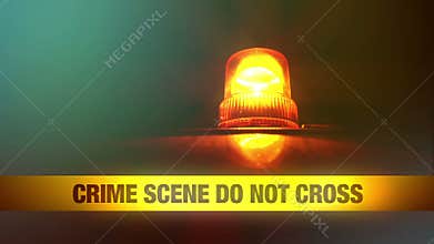 Crime Scene Do Not Cross Yellow Headband Tape and Orange flashing and revolving light. Murder Scene Police Ribbon.