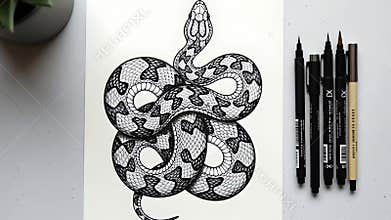 Hand Drawn Snake Illustration on White Paper