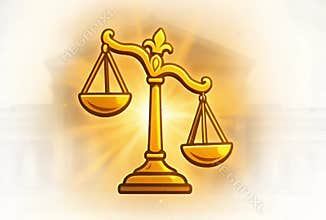 The simple golden scales of justice shine brightly, centered on the brilliant backdrop of the courthouse.