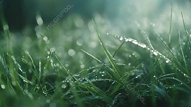 Green grass blades catching morning dew drops