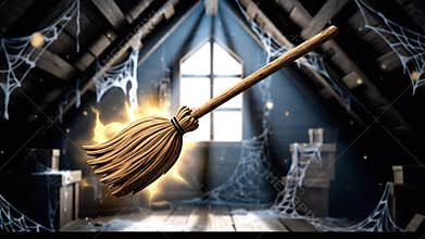 Magical Broomstick Flying Through Spooky Attic Scene
