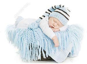Baby Newborn Portrait, Boy Kid New Born Sleeping In Blue Hat