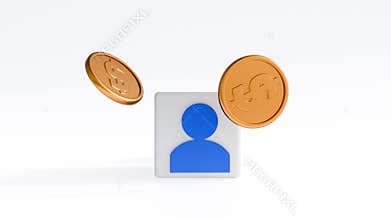 A 3D animation of a blue figurine atop a white dice, orbited by spinning gold coins.