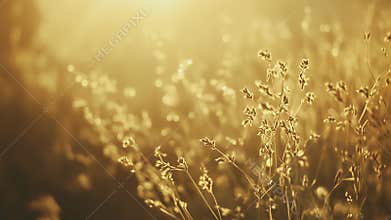 Golden hour light illuminating wild grass in a field
