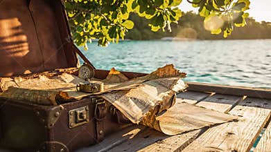 Weathered leather suitcase opened on sunlit dock with tattered maps and clock