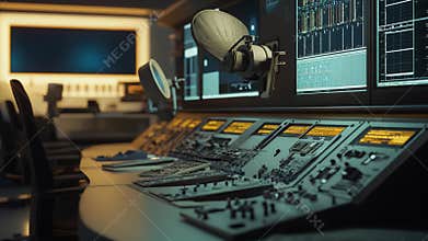 Futuristic control room console with multiple screens