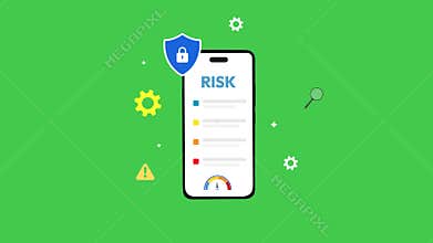 Smartphone Displaying Risk Assessment Interface with Security Icons and Gauge on Green Background