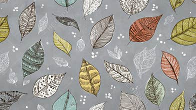 Colorful Leaf Patterns on a Gray Background Showcasing Autumns Beauty in a Creative Design
