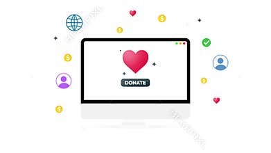 Computer Monitor Displaying Red Heart and Donate Button Surrounded by Icons Representing Online Fundraising