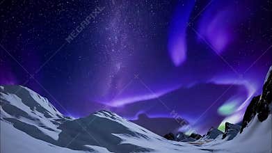 Wide cinematic view, aurora borealis glowing across the night sky, countless bright stars, vibrant galaxy