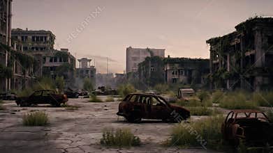 Rusted, derelict cars litter overgrown parking lot under warm, hazy sky.