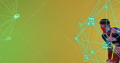 Crouching rugby athlete entering, initiating network growth around rugby ball diving and catching