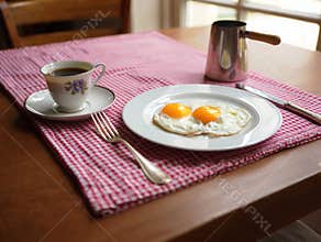 Sunny-Side-Up Eggs Breakfast with Tea and Biscuits on Checkered Tablecloth