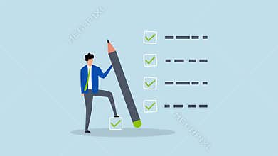 Getting things done, 4k animation of businessman expert holding pencil tick all completed task checkbox