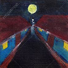 Acrylic painting of a night scene with a Halloween theme with moon and street lights at the end.