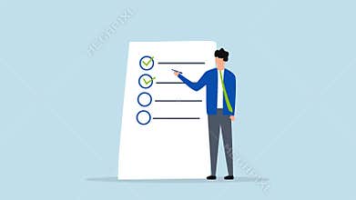 Completed checklist, 4k animation of Businessman is using a pen to review the project list and tick off the checkbox labeled as