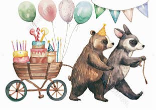 Hand drawn watercolor illustration of cute hand drawn animals on bikes and air balloons celebrating a baby's