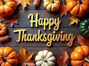 Happy Thanksgiving Text With Pumpkins And Autumn Leaves. For Holiday Cards, Social Media