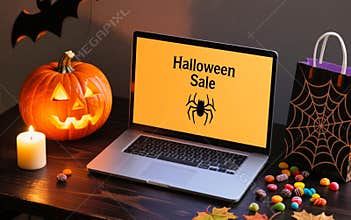 Halloween Sale on Laptop with Pumpkin and Candy