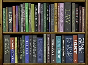 Bookshelves with various books.