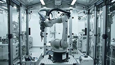 Static Shot of Robotic Arm Inside Calibration Bay Enclosed by Transparent Case Under Bright Lighting Perfect for Automation