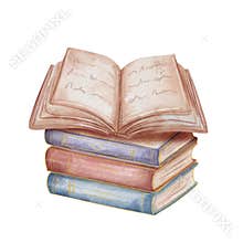 Watercolor illustration of a stack of vintage paper books with an open book on top. Isolated on white background