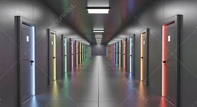 Endless Corridor With Many Doors Illuminated By Colorful Lights