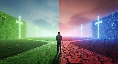 A person at a spiritual crossroads choosing between two paths of faith