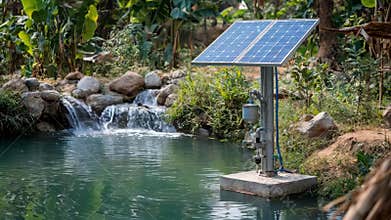 Medium shot of a solar pump system installed near a small pond illustrating clean energy water management for offgrid