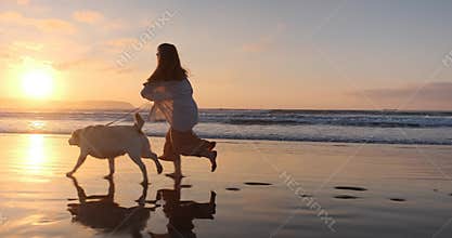 Slow motion of a woman and her dog walking on the beach at sunset.