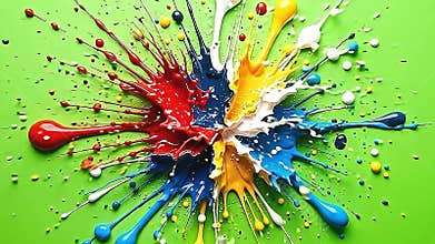 A vivid explode paint drop canvas unfolds as paint droplets scatter energetically across a pure green Generative AI