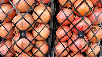 Red pomegranates arranged in basket for sale in Pakistan fruit market
