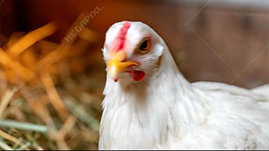 Close up Portrait of a Young White Broiler Chicken with a Red Comb and Yellow Beak