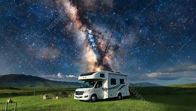 White rv parked under a breathtaking milky way galaxy in a serene nighttime landscape view