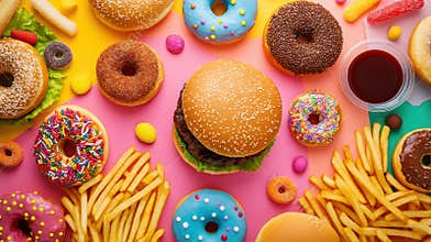 Colorful Sweets and Savory Foods Lie on a Vibrant Background