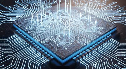 Futuristic Central Processing Unit with Glowing Circuits and Data Streams