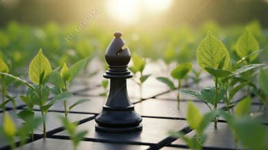 A chess bishop piece on a chessboard with plants growing in the squares under bright sunlight