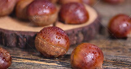 a hard, edible chestnut fruit in a brown shell covered with