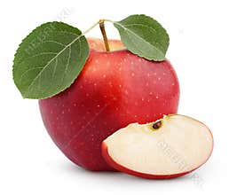 Red apple with green leaf and slice isolated on white