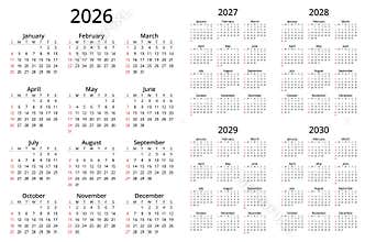 2026, 2027, 2028, 2029, 2030 years english calendars with 12 months. Simple vector illustration