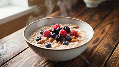 Steaming Bowl of Oatmeal with Berries and Almonds